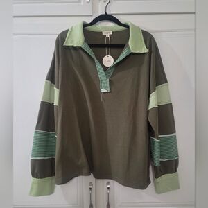 Oddi Color Block Solid & Stripe Casual Collared Top